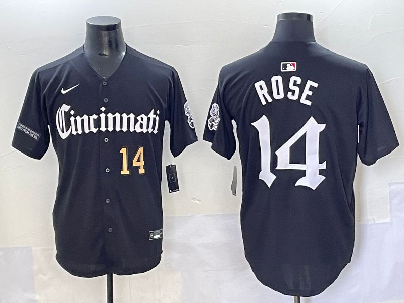 Men 2025 Cincinnati Reds #14 Rose Black Five generations Joint Name Nike MLB Jersey style 6